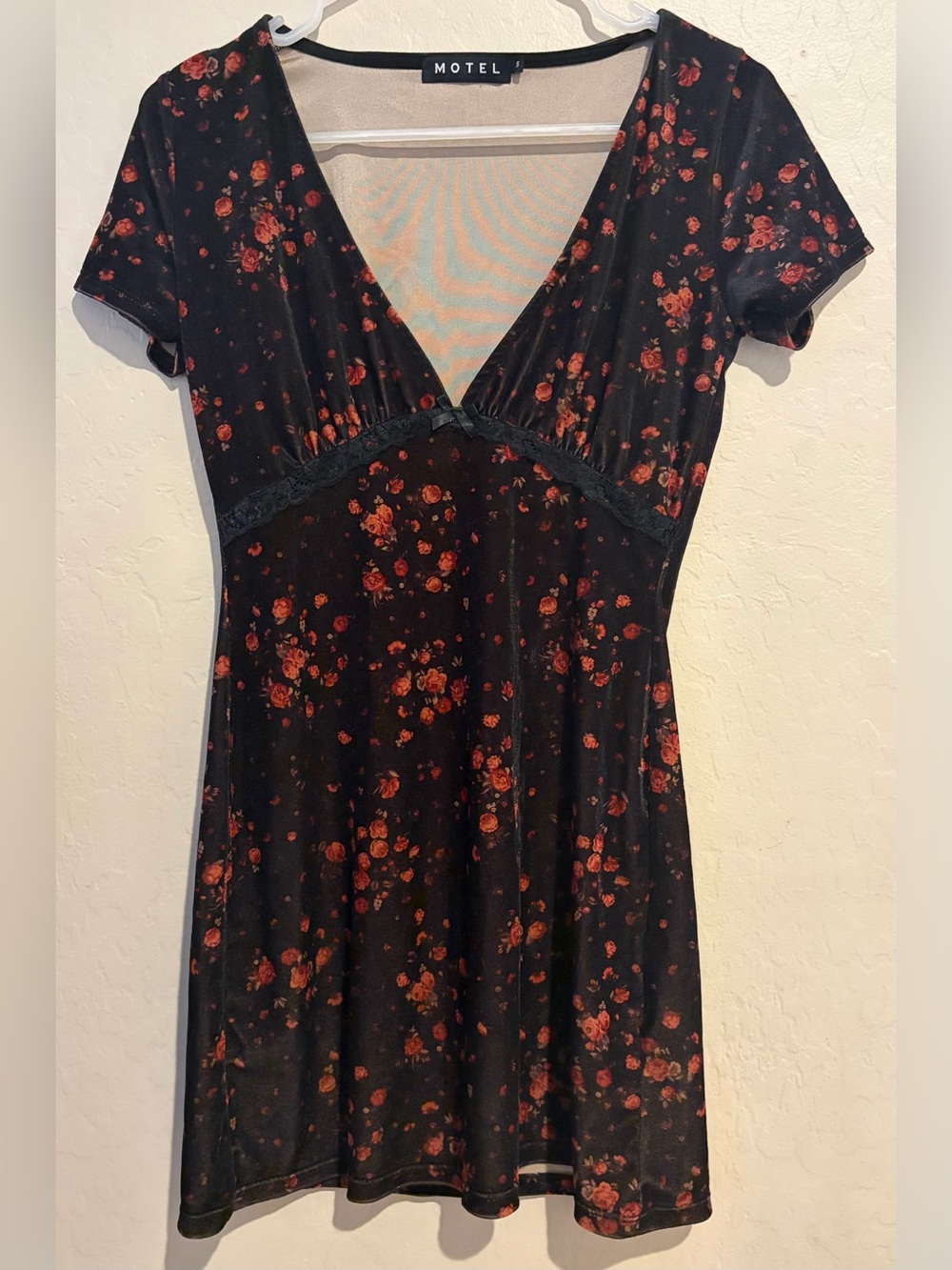 Motel Black Floral Velvet Babydoll Mini Dress Soft Grunge Coquette-Size S